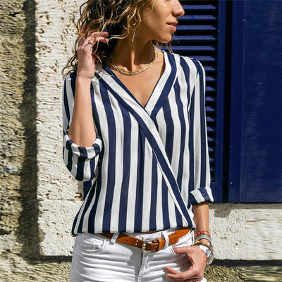 Women Striped Blouse Shirt Long Sleeve Blouse V neck Shirts Casual