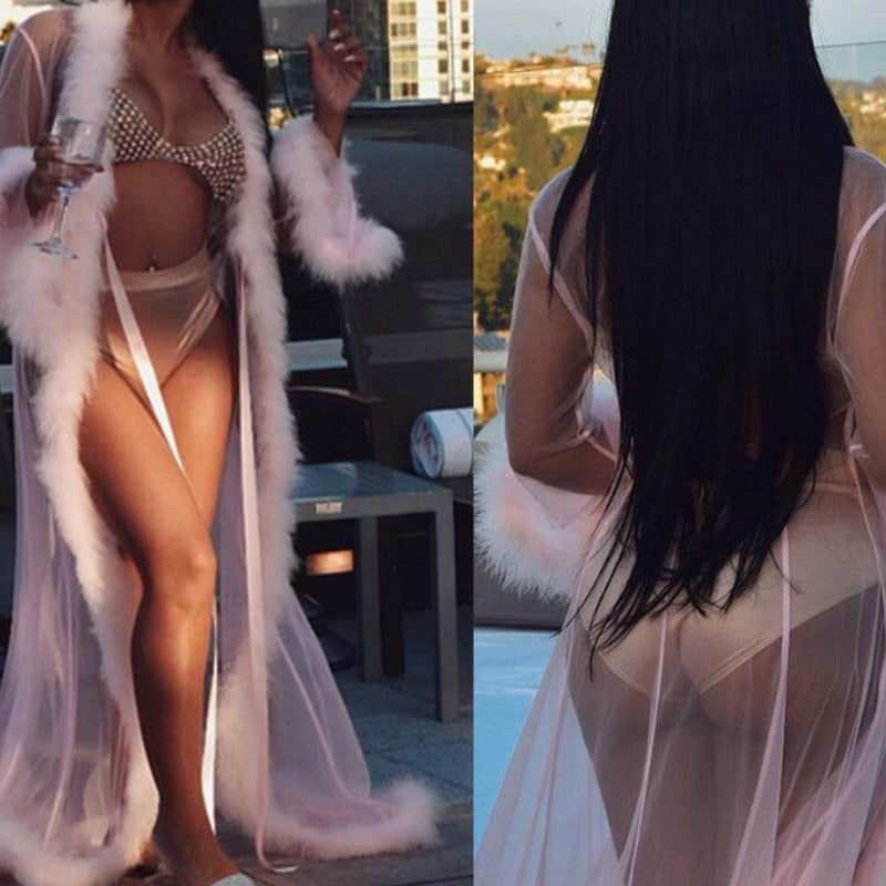 Womens Lingerie Long Bathrobe Gown Babydoll Nightwear Sleepwear Rope Mesh See Through Fur Long Roper