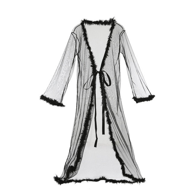 Womens Lingerie Long Bathrobe Gown Babydoll Nightwear Sleepwear Rope Mesh See Through Fur Long Roper
