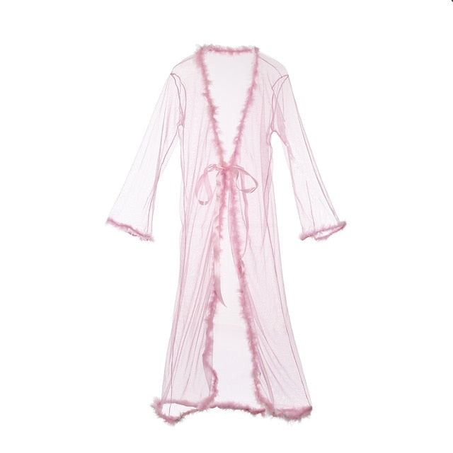 Womens Lingerie Long Bathrobe Gown Babydoll Nightwear Sleepwear Rope Mesh See Through Fur Long Roper