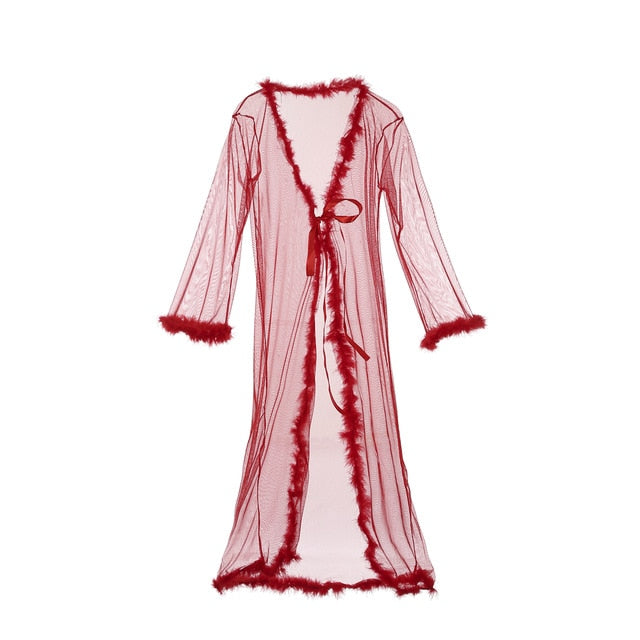 Womens Lingerie Long Bathrobe Gown Babydoll Nightwear Sleepwear Rope Mesh See Through Fur Long Roper