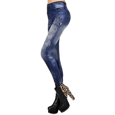 Fashion Slim Women Leggings Faux Denim Jeans Leggings Sexy Long Pocket Printing Summer Leggings Casual Pencil Pants