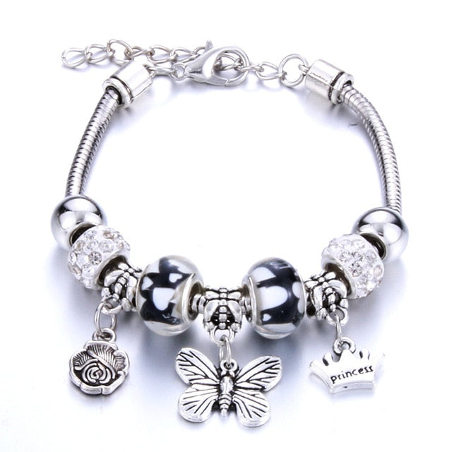 Bracelet Jewelry 6 Colors Silver Lobster Buckle Snake Chain Bangles Beaded Bracelet Fit Jewelry Butterfly Flower Crown shape
