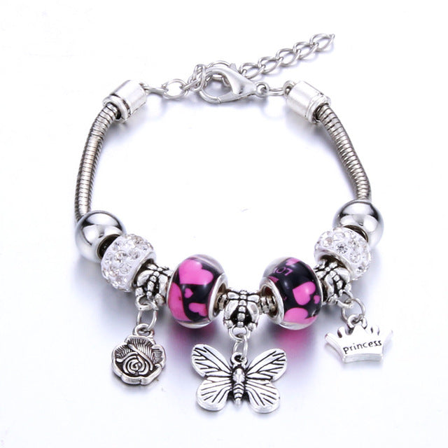 Bracelet Jewelry 6 Colors Silver Lobster Buckle Snake Chain Bangles Beaded Bracelet Fit Jewelry Butterfly Flower Crown shape