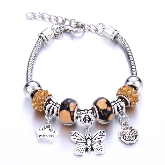 Bracelet Jewelry 6 Colors Silver Lobster Buckle Snake Chain Bangles Beaded Bracelet Fit Jewelry Butterfly Flower Crown shape