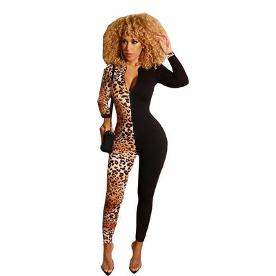 Women Sexy Splice Long Sleeve Bodycon Jumpsuit Sexy  Club Fashion Long Rumper Leopard Print Jumpsuit One Piece Outfits