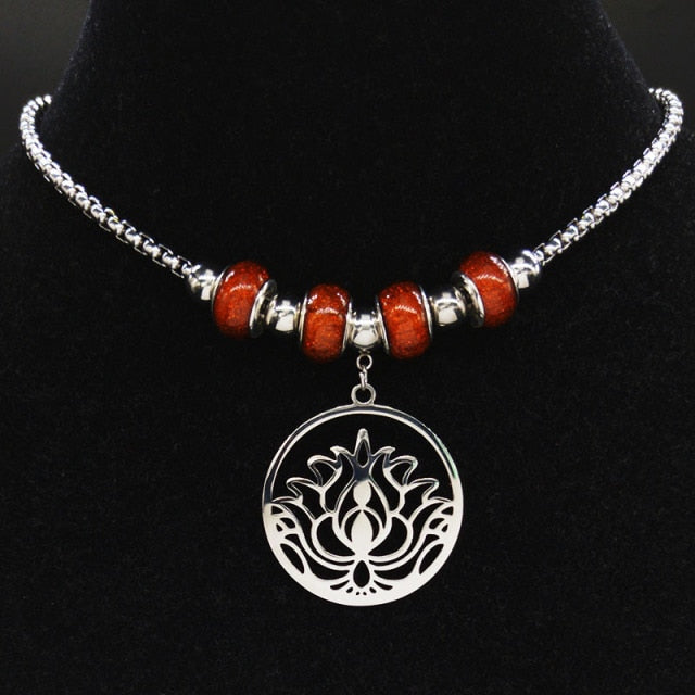 Fashion Lotus Flower of Life Stainless Steel Chain Necklace for Women Silver Color Beads Neckless Jewerly collares N621S01