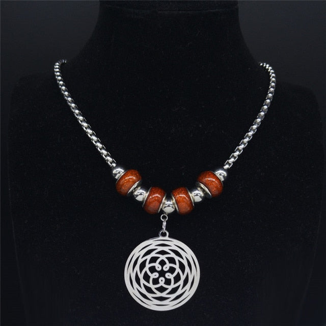 Fashion Lotus Flower of Life Stainless Steel Chain Necklace for Women Silver Color Beads Neckless Jewerly collares N621S01