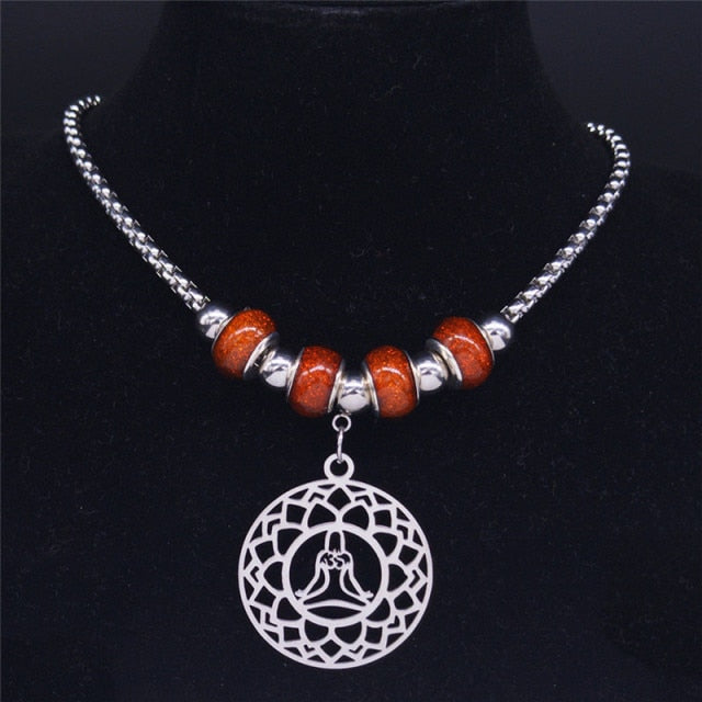 Fashion Lotus Flower of Life Stainless Steel Chain Necklace for Women Silver Color Beads Neckless Jewerly collares N621S01