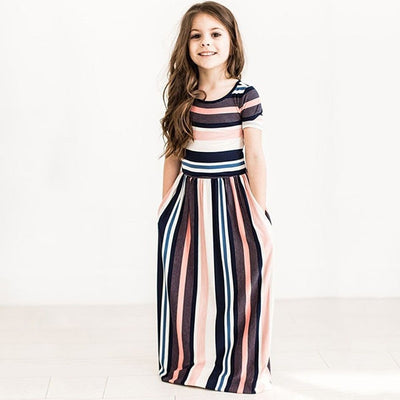 Baby Girl Striped Print Long Dress Toddler Baby Girls Short Sleeve Bohemian Dress Kids Clothes Cotton Summer Beachwear Dress