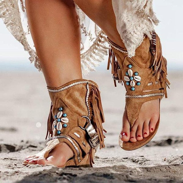 Women's Retro Sandals Gladiator Ladies Clip Toe Vintage Boots Casual Tassel Rome Fashion Summer Woman Shoes Female 2021 New