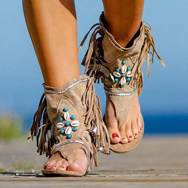 Women's Retro Sandals Gladiator Ladies Clip Toe Vintage Boots Casual Tassel Rome Fashion Summer Woman Shoes Female 2021 New