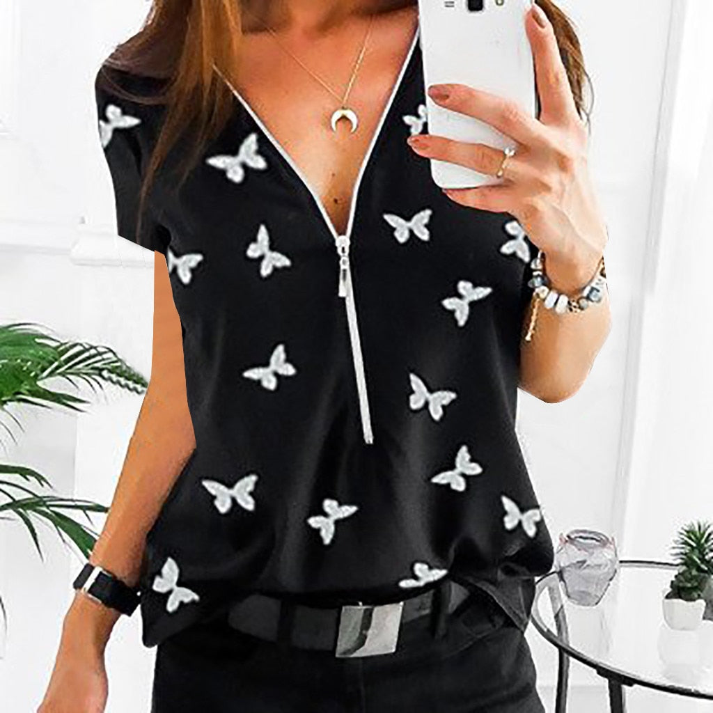 Women Tops T-Shirts Autumn Elegant Short Sleeve Print V-Neck Female Work Zipper Shirts Plus Size Tops 5XL Mujer Blusa clothes