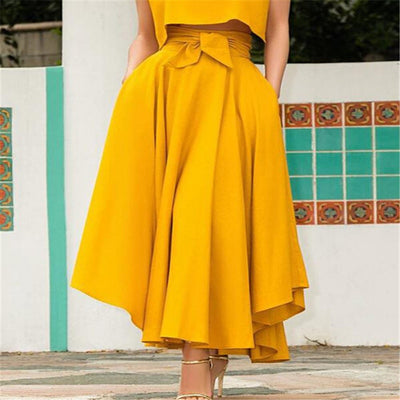 Fashion Women's Ladies Solid Color Bandage Pleated Cocktail Party High Waist  Summer A Line Skirts With Pocket