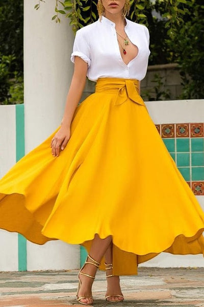 Fashion Women's Ladies Solid Color Bandage Pleated Cocktail Party High Waist  Summer A Line Skirts With Pocket