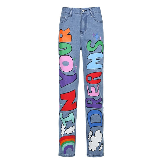 Graphics Letter Printed Baggy Women Jeans Pants High Waist Wide Leg Punk Y2K Cute Demin Fashion Streetwear Girls 90s  Iamhotty