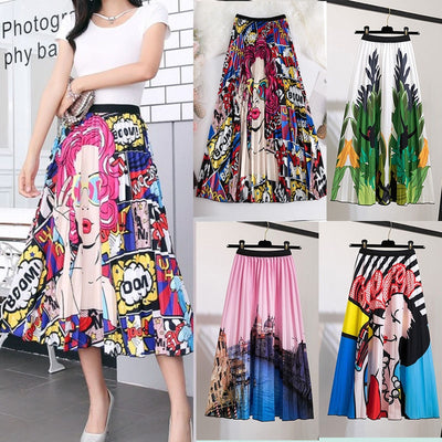 BONJEAN Female Young Women Cartoon Print Pleated Skirt Mouse Girl Summer Spring Long Skirt Women for Girls