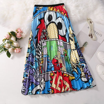 BONJEAN Female Young Women Cartoon Print Pleated Skirt Mouse Girl Summer Spring Long Skirt Women for Girls