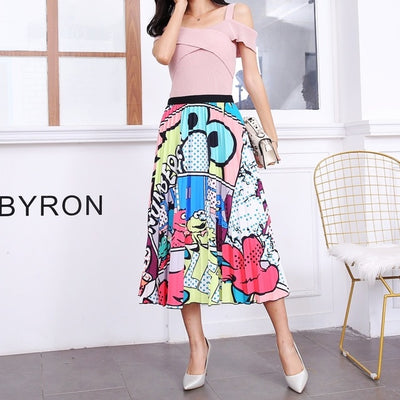 BONJEAN Female Young Women Cartoon Print Pleated Skirt Mouse Girl Summer Spring Long Skirt Women for Girls