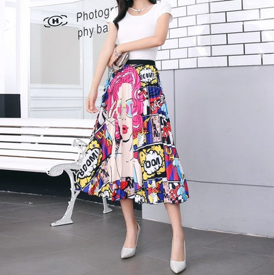 BONJEAN Female Young Women Cartoon Print Pleated Skirt Mouse Girl Summer Spring Long Skirt Women for Girls