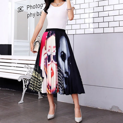 BONJEAN Female Young Women Cartoon Print Pleated Skirt Mouse Girl Summer Spring Long Skirt Women for Girls