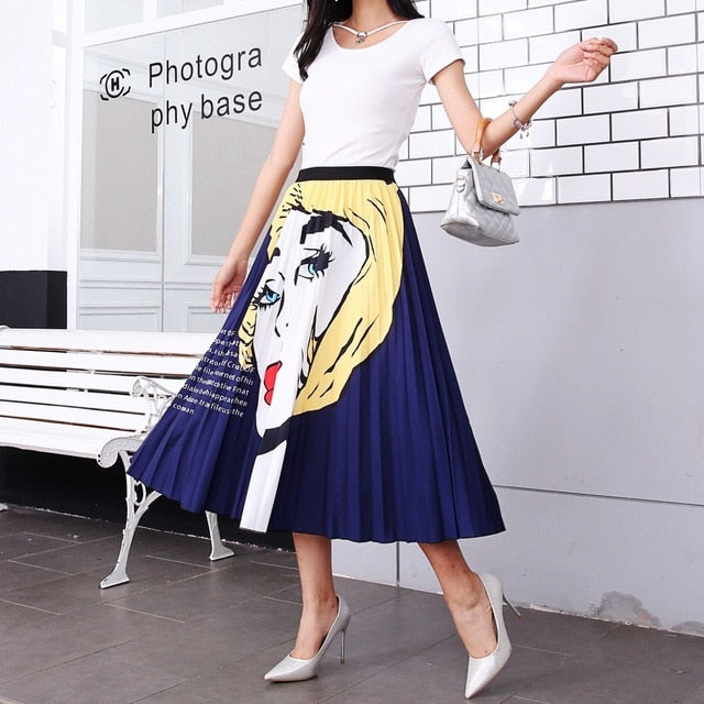 BONJEAN Female Young Women Cartoon Print Pleated Skirt Mouse Girl Summer Spring Long Skirt Women for Girls