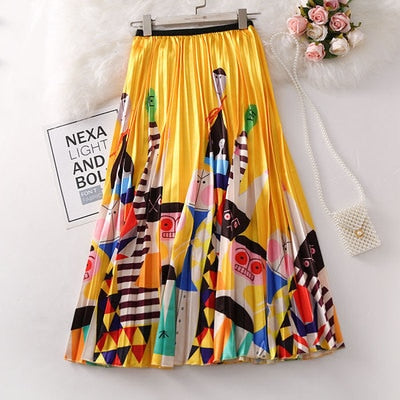 BONJEAN Female Young Women Cartoon Print Pleated Skirt Mouse Girl Summer Spring Long Skirt Women for Girls