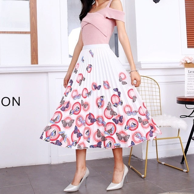 BONJEAN Female Young Women Cartoon Print Pleated Skirt Mouse Girl Summer Spring Long Skirt Women for Girls