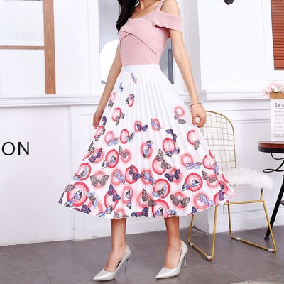 BONJEAN Female Young Women Cartoon Print Pleated Skirt Mouse Girl Summer Spring Long Skirt Women for Girls