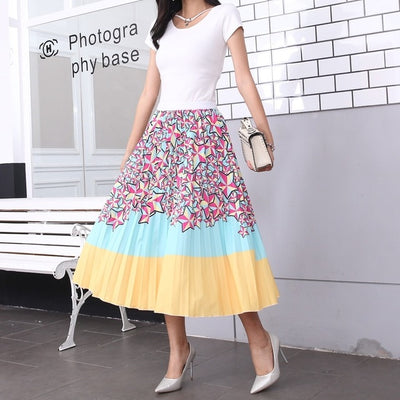 BONJEAN Female Young Women Cartoon Print Pleated Skirt Mouse Girl Summer Spring Long Skirt Women for Girls