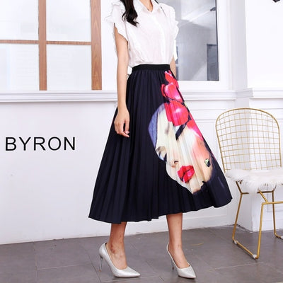 BONJEAN Female Young Women Cartoon Print Pleated Skirt Mouse Girl Summer Spring Long Skirt Women for Girls