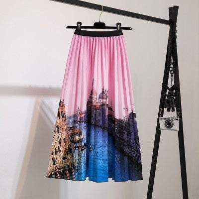 BONJEAN Female Young Women Cartoon Print Pleated Skirt Mouse Girl Summer Spring Long Skirt Women for Girls