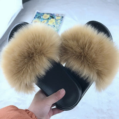 Sexy Faux Fur Slippers Women Furry Fluffy Slippers Outdoor Indoor Home Flat Shoes Female Casual  Flops Slides Dropshopping