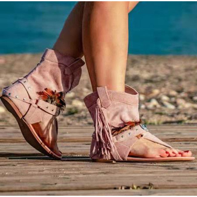 Women's Retro Sandals Gladiator Ladies Clip Toe Vintage Boots Casual Tassel Rome Fashion Summer Woman Shoes Female 2021 New