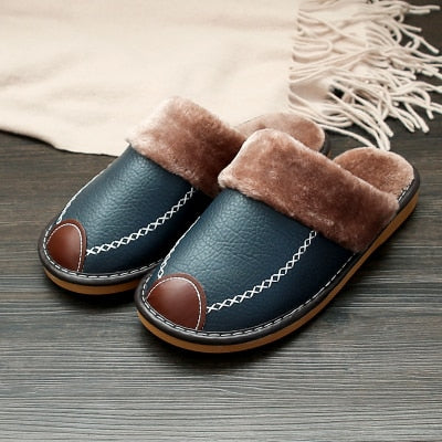 Men Slippers Black New Winter PU Leather Slippers Warm Indoor Slipper Waterproof Home House Shoes Men Warm Leather Slippers