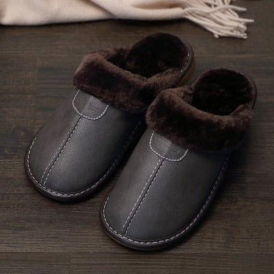 Men Slippers Black New Winter PU Leather Slippers Warm Indoor Slipper Waterproof Home House Shoes Men Warm Leather Slippers