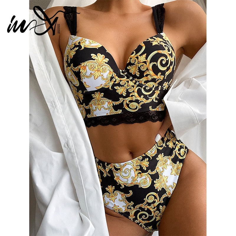 In-X High waist paisley print bikini 2021 Push up swimwear women Underwire swimsuit female Sexy lace bikinis Straps bathing suit