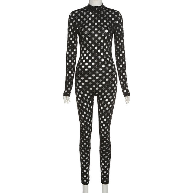 Joskaa Black Sexy Cutout Jumpsuit Women Zip Up Sheer Skinny Romper One Piece Bodycon Club Street Bodysuit Party Rompers 2021