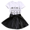 Fashion Girls Summer Clothes 1-6Years Toddler Kids Baby Girl mini boss Printed T-shirts+PU Leather Skirts Outfits 2Pcs Set