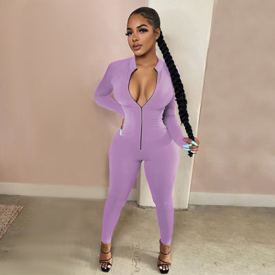 2021 New Style Women Solid Color One Piece Jumpsuit Ladies Zipper Front Long Sleeve Fitness Rompers Playsuits Plus Size Bodysuit