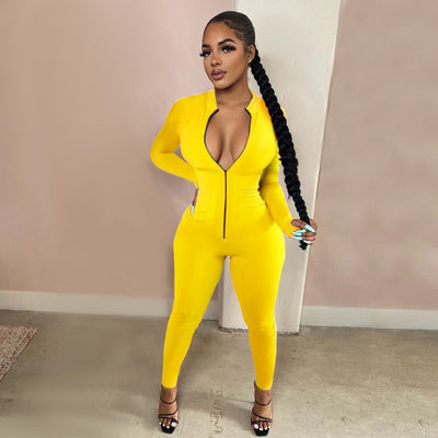 2021 New Style Women Solid Color One Piece Jumpsuit Ladies Zipper Front Long Sleeve Fitness Rompers Playsuits Plus Size Bodysuit