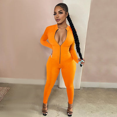 2021 New Style Women Solid Color One Piece Jumpsuit Ladies Zipper Front Long Sleeve Fitness Rompers Playsuits Plus Size Bodysuit