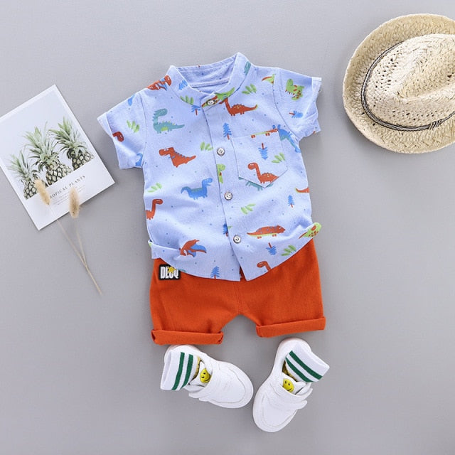 Cute Baby Boy Clothes Summer Set 2021 New Cartoon Dinosaur Print Short Sleeve Shirt + Pants for 1 2 3 4 Years Kid Toddler Outfit