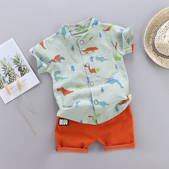Cute Baby Boy Clothes Summer Set 2021 New Cartoon Dinosaur Print Short Sleeve Shirt + Pants for 1 2 3 4 Years Kid Toddler Outfit