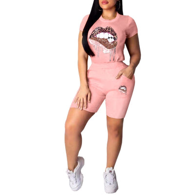 Women Short Sleeve Lips Printed T-shirt Top Elastic Waist Shorts Two Pieces Casual Style Outfit Female O-Neck Pullover Clubwear