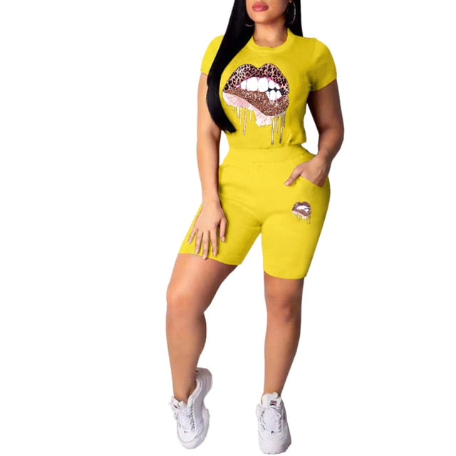 Women Short Sleeve Lips Printed T-shirt Top Elastic Waist Shorts Two Pieces Casual Style Outfit Female O-Neck Pullover Clubwear