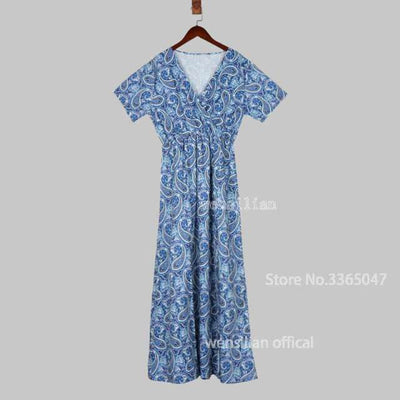 Fashion Boho Dress Long Dress Women Casual V Neck Short Sleeve Retro Print Belt Hem Beach Dresses Elegant Sundress Robe Femme