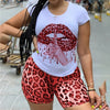 2021 Plus Size 5XL Two Piece Set for Women Tracksuit Lips Short Sleeve Top Leopard Shorts Sweat Suit 2 Pcs Outfits Matching Sets