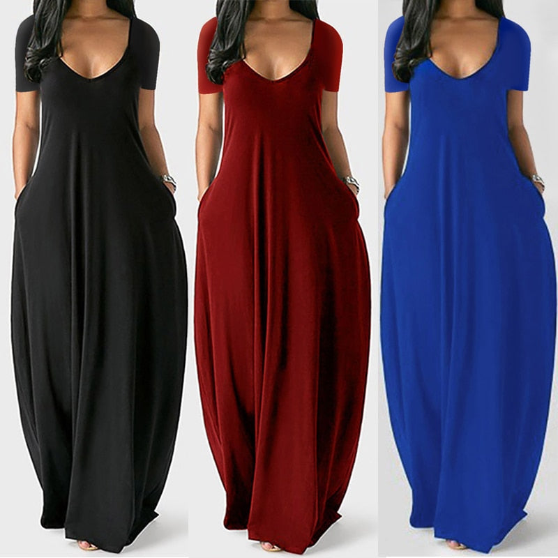Women Maxi Dress Summer Casual V-neck Solid Long Dress Fashion Pockets Short Sleeve Loose Female Vestidos Plus Size Dress