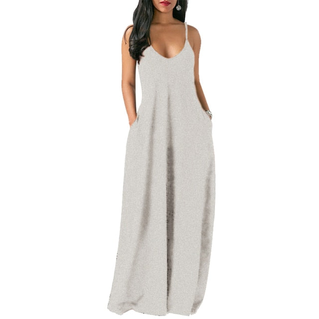 Women Maxi Dress Summer Casual V-neck Solid Long Dress Fashion Pockets Short Sleeve Loose Female Vestidos Plus Size Dress